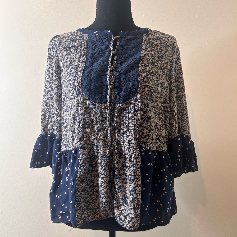 Anthropologie Maeve Hiver Blue 3/4 Sleeve Boho Peasant Blouse Size 6